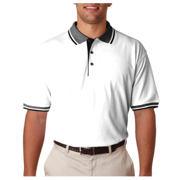 UltraClub Adult White-Body Classic Piqué Polo with Contrast Multi-Stripe Trim Thumbnail